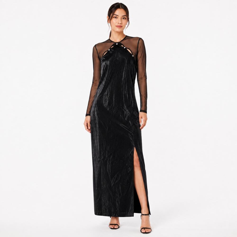 Vintage Ever Beauty Velvet Mesh Dress 10 Black Rhinestone Evening Y2K Maxi